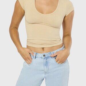 WEWOREWHAT Ruched‎ Cotton Tee Beige V- Neck Cap Sleeve Size Medium NEW